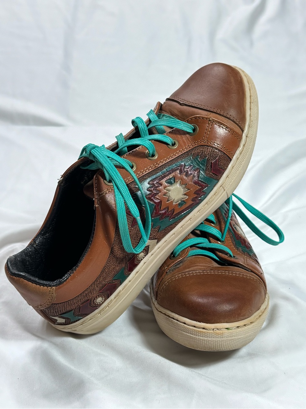 Tin Haul Limited Run, Rare Brown Leather Women's Sneakers Aztec Design Turquoise